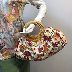 Necessary Objects Floral Embroidered Bamboo Handle Tote White Multicolor Flowers